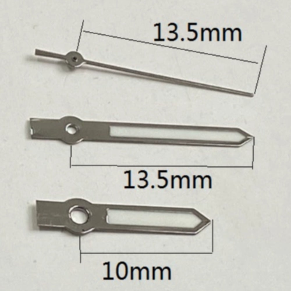 Dark grey 13.5mm watch hands with green lume, compatible with Miyota 2035 quartz movement.