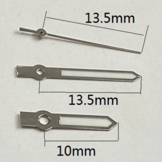 Dark grey 13.5mm watch hands with green lume, compatible with Miyota 2035 quartz movement.