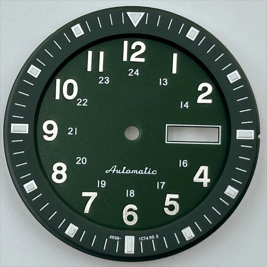 Green 35.5mm Vintage Datejust watch dial with luminous markers, compatible with NH36 movement.