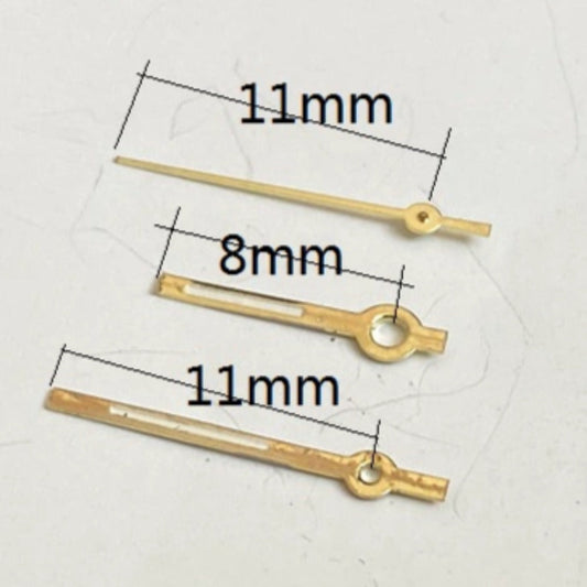 Golden trim green lume square watch hands for Miyota 2035 quartz, suited for precise timekeeping.