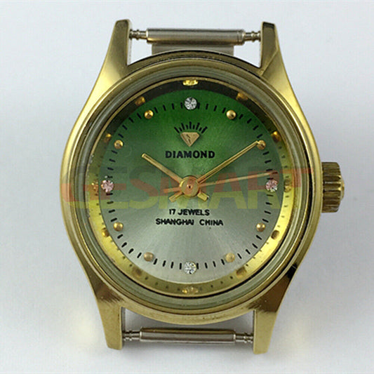 25mm SHANGHAI DIAMOND oval lady watch with green dial, manual mechanical movement, and 17 jewels.