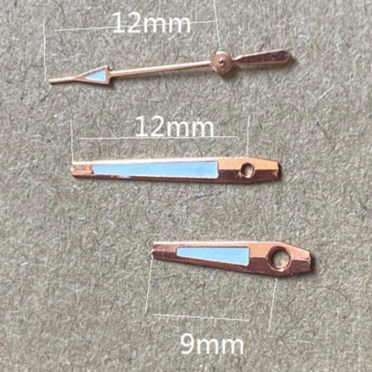 Green lume rose gold trim watch hands for Miyota 2035, enhancing visibility and style in watch accessories.