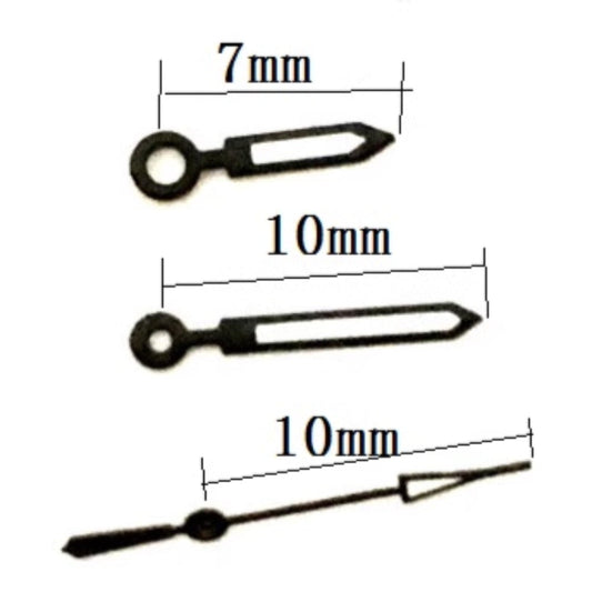 Black trim arrow watch hands, 10x10x7mm, compatible with Miyota 2035 quartz movement for precise timekeeping.