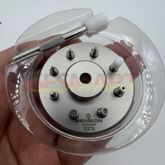 Bergeon 5378 Swiss watch hand fitting tool with 9 stakes on holder for precise accessory adjustments