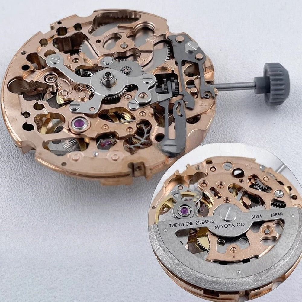 Genuine Miyota Rose Gold 8N24 automatic watch movement with hollow design for precise timekeeping.