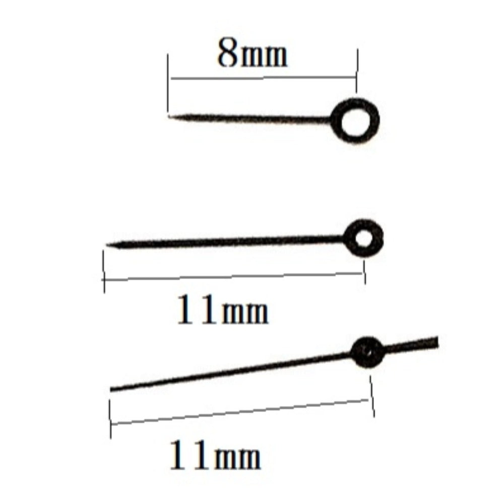 Black painted 11x11x8mm watch hands compatible with Miyota 2035 quartz movement, precision craftsmanship.
