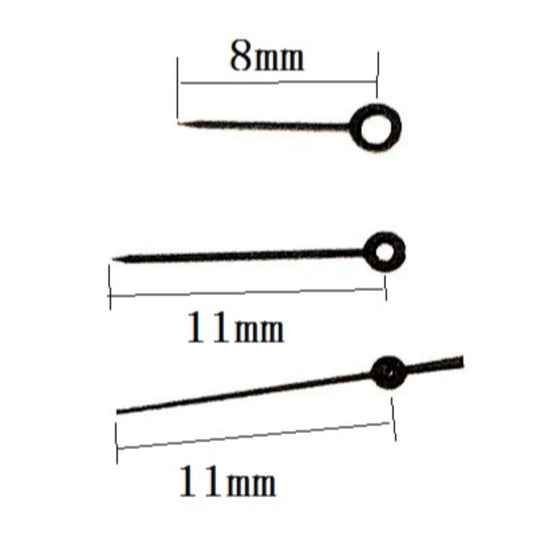 Black painted 11x11x8mm watch hands compatible with Miyota 2035 quartz movement, precision craftsmanship.