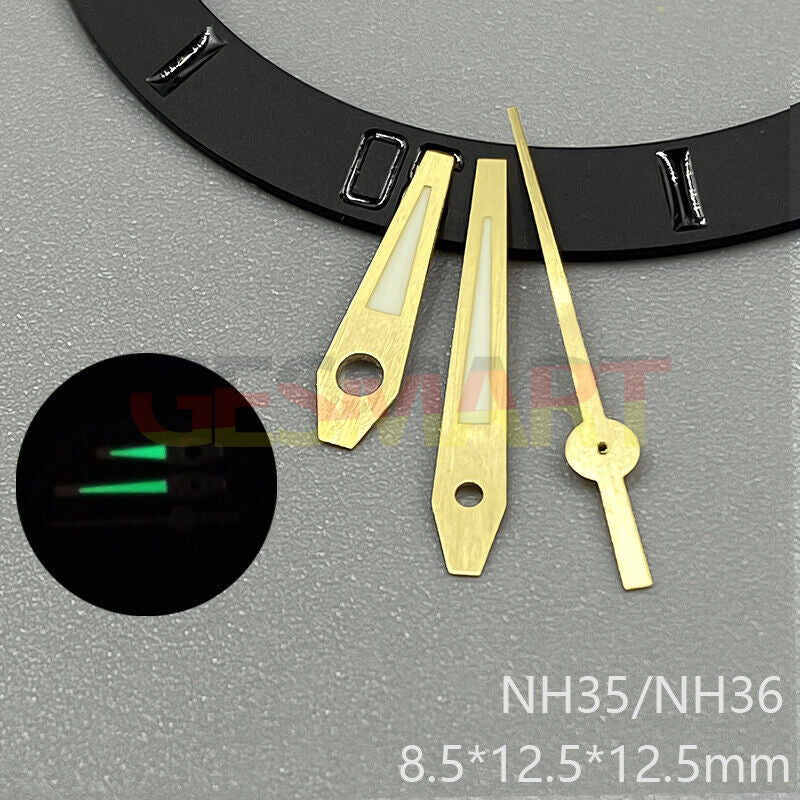 Golden trim green lume watch hands designed for NH35 NH36 NH38 NH70 NH71 NH72 movements, precision accessory.