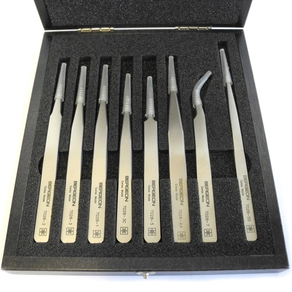 Bergeon 7028 set of 8 Ni-Cr-Mo superalloy tweezers for precise watch accessory handling.