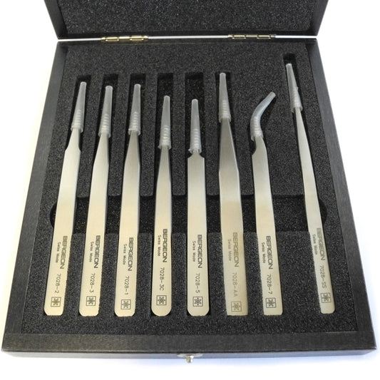 Bergeon 7028 set of 8 Ni-Cr-Mo superalloy tweezers for precise watch accessory handling.