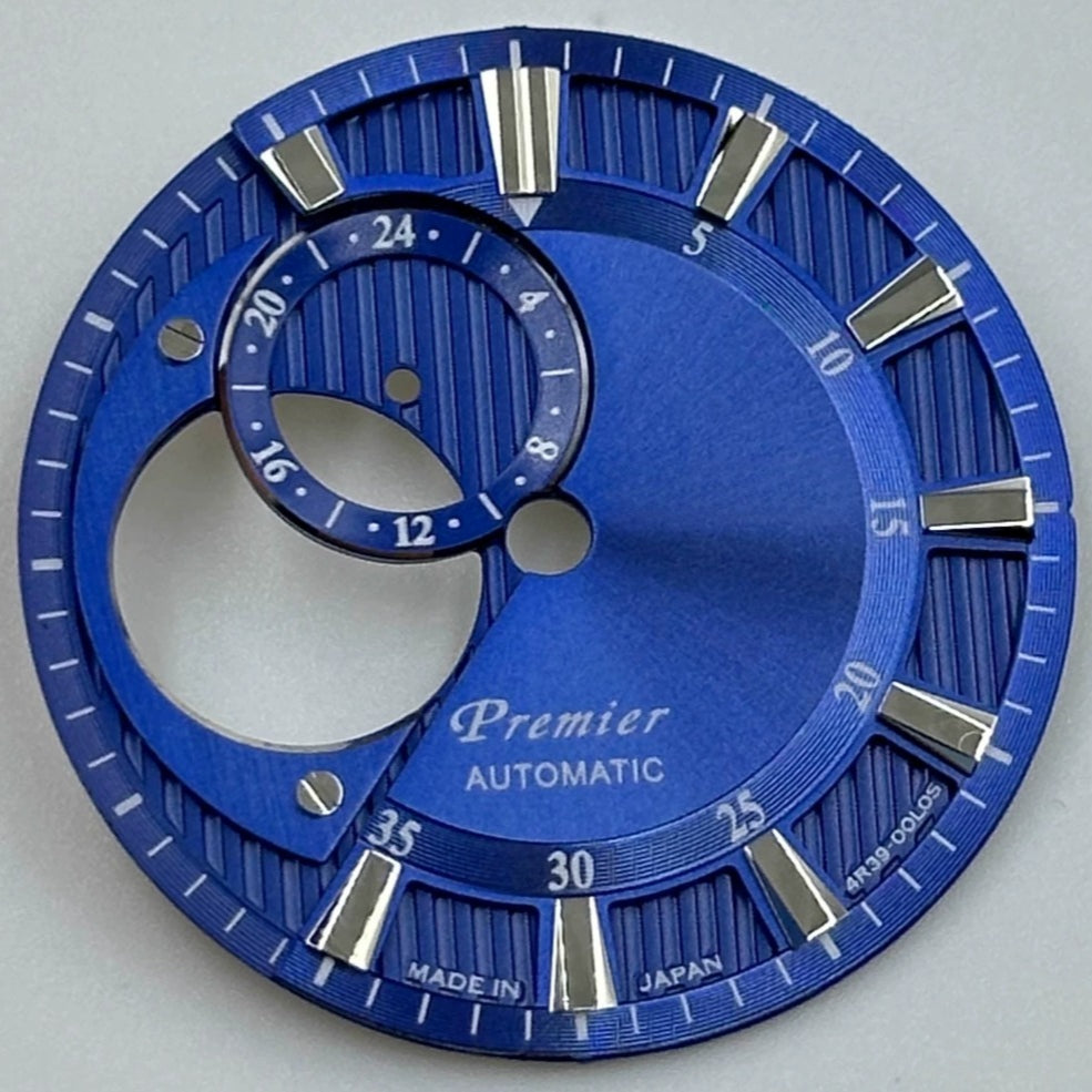 Blue 28.5mm hollow diving watch dial with silver font, no lume, compatible with NH39 movement.