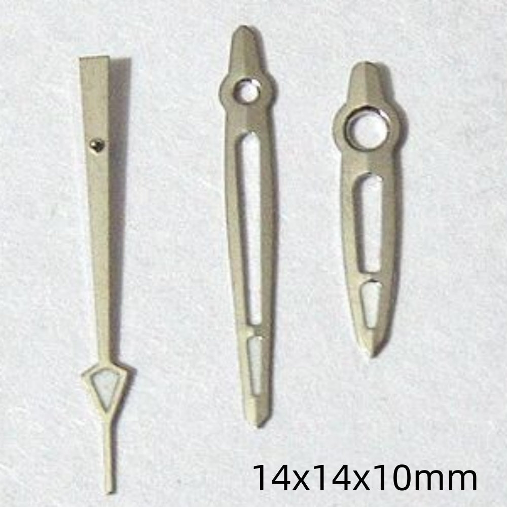 Silver-trimmed 14mm hollow green lume watch hands set for Miyota 2035, 2115, 2105, 2305 movements.