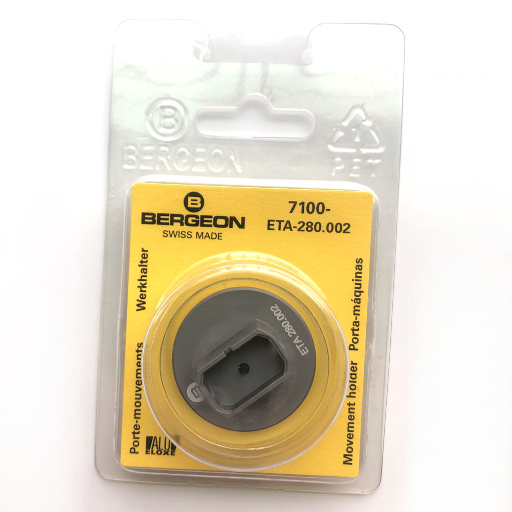 Bergeon 7100 watch movement holder securing ETA 280.002 for precise repair and maintenance.