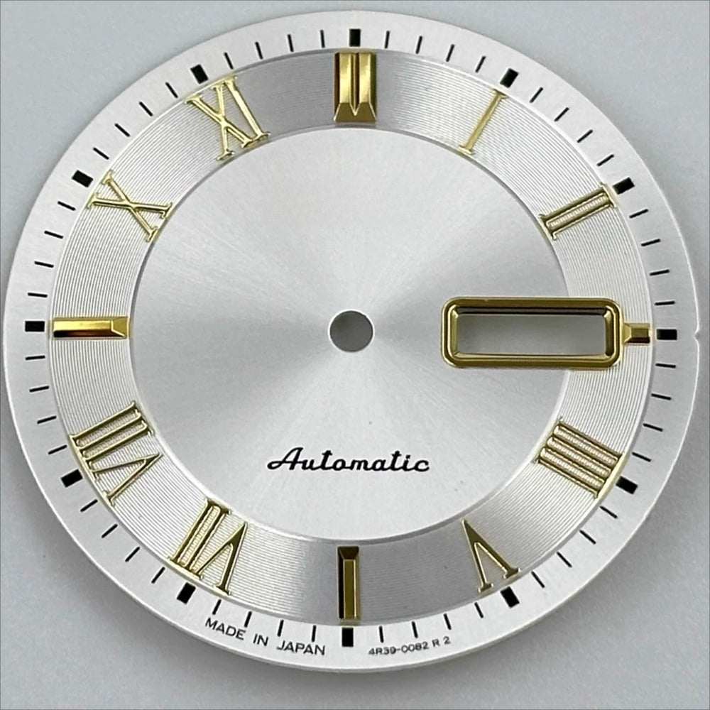 Silver watch dial with golden Roman numerals, no lume, 32.7mm for NH35 NH36 movements.
