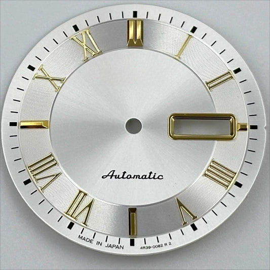 Silver watch dial with golden Roman numerals, no lume, 32.7mm for NH35 NH36 movements.