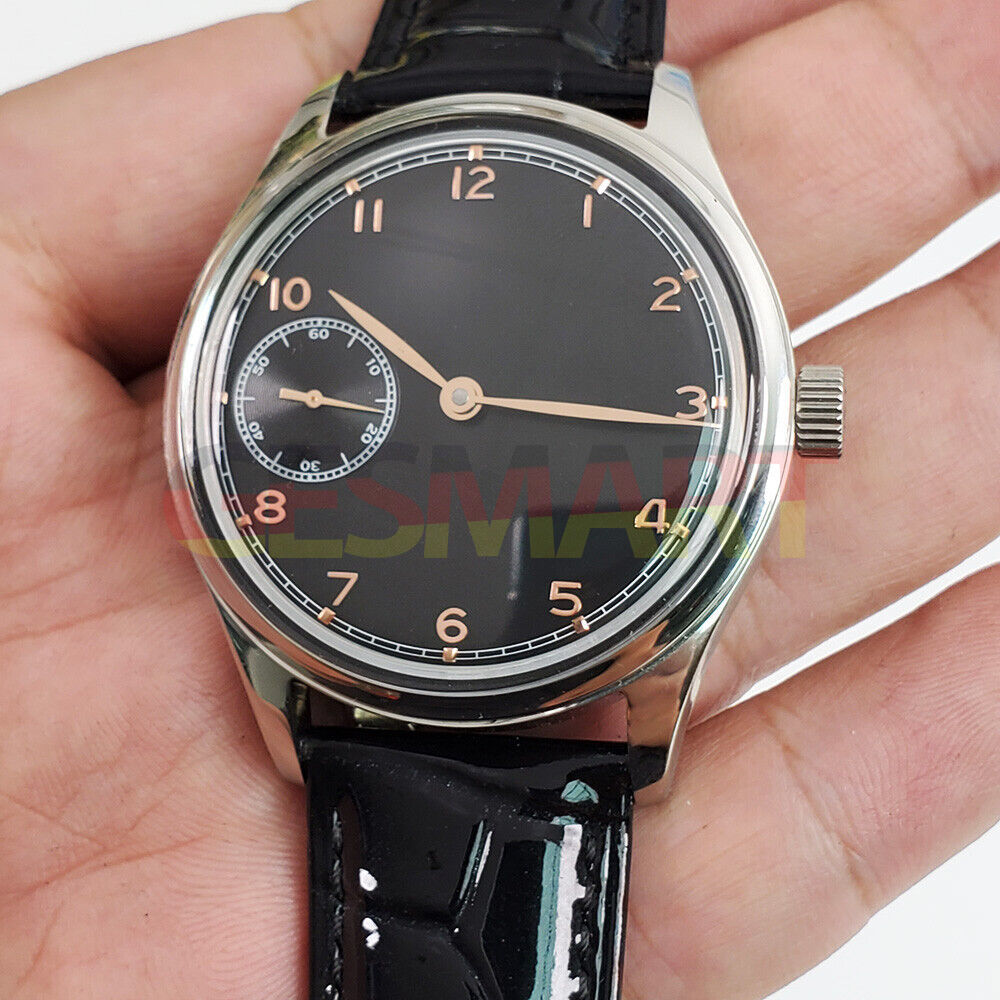 42mm Seagull ST3600 men's watch with manual mechanical movement and black dial.