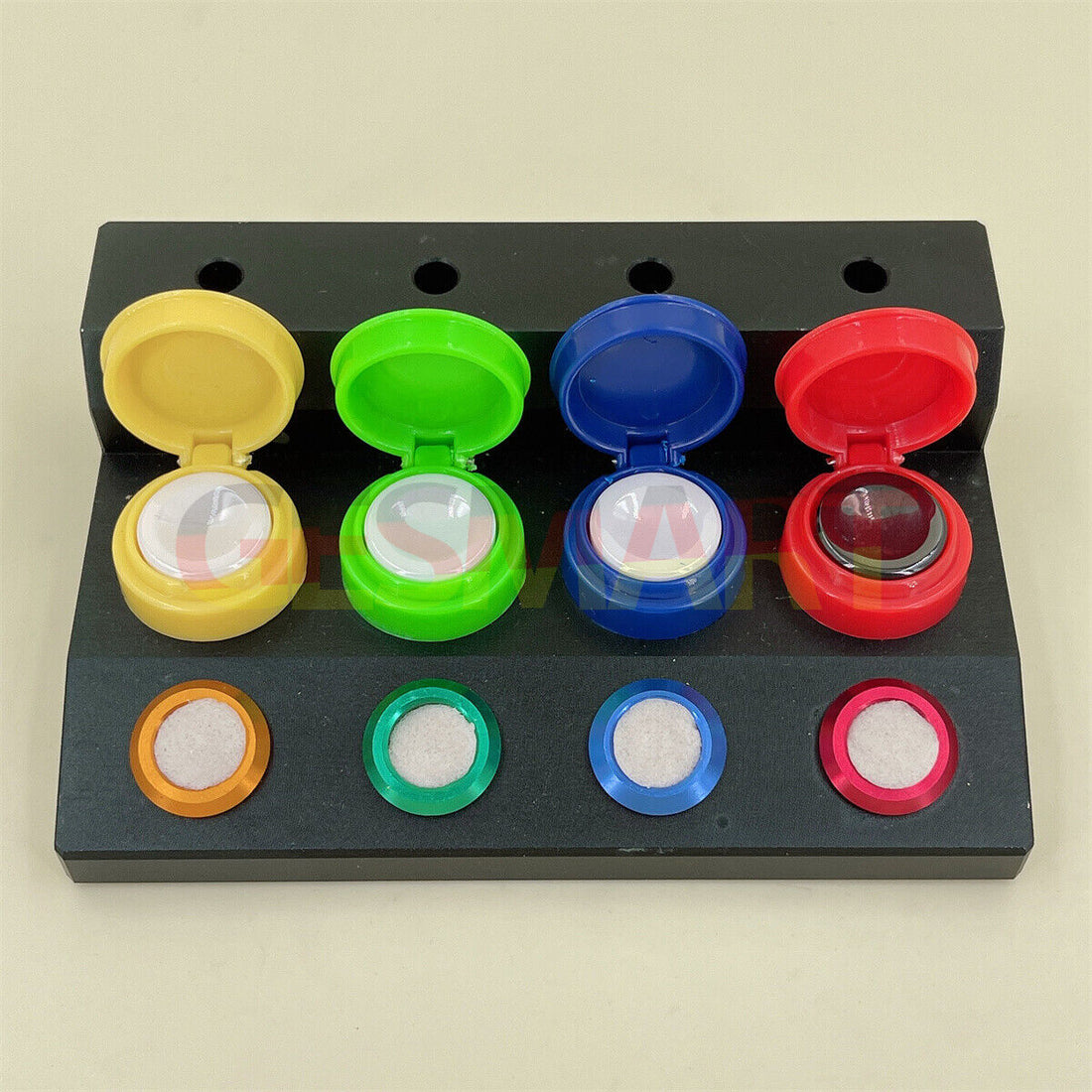 Black oil cup stand with 4 containers featuring colorful plastic covers for watch repair tools.