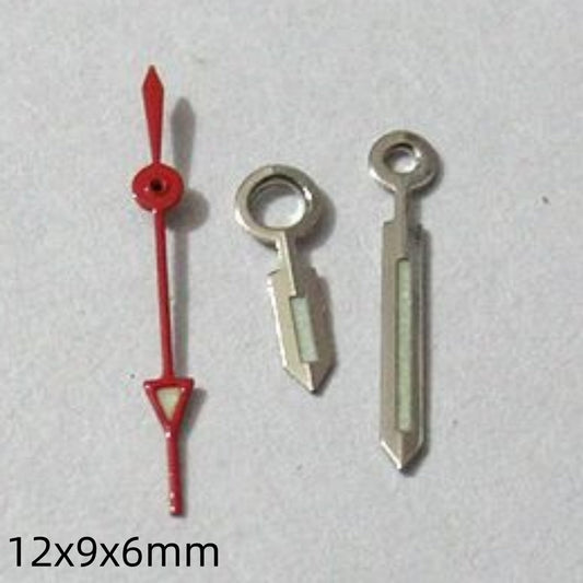 Green luminous watch hands set with silver trim for Miyota 2035 series, enhancing visibility and style.