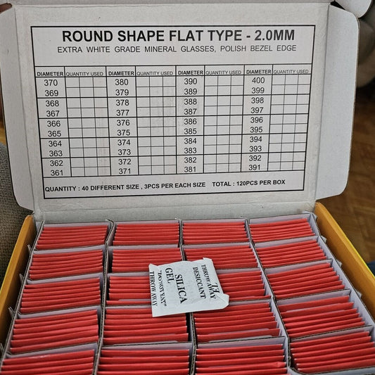 Set of 120 flat 2.0mm thick round watch glass crystals, 36.1-40mm, for precise watch repair and replacement.