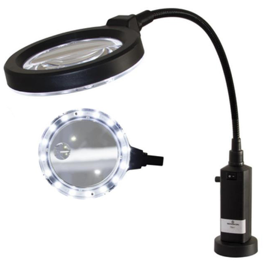 Bergeon 7841 LED light with magnifier on magnetic stand for precise watch repairs and detailed accessory work.