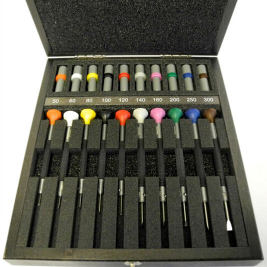 Bergeon 7899-A10 ergonomic watch screwdrivers set, sizes 0.50-3.00mm, wooden storage box.