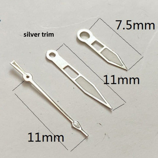 11mm silver trimmed green lume hollow watch hands set, compatible with Ronda 515 quartz movement,.