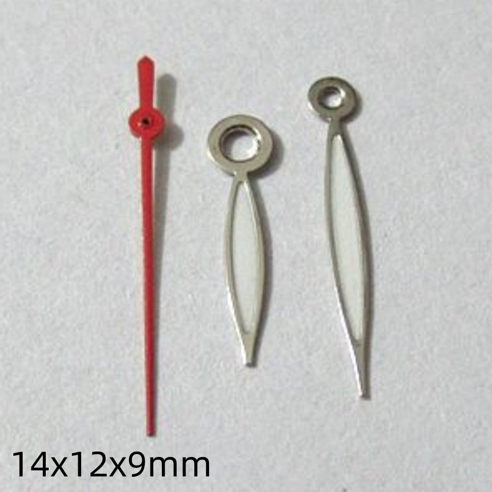 Silver-trimmed green lume watch hands set for Miyota 2035, 2115, 2105, 2305 movements.