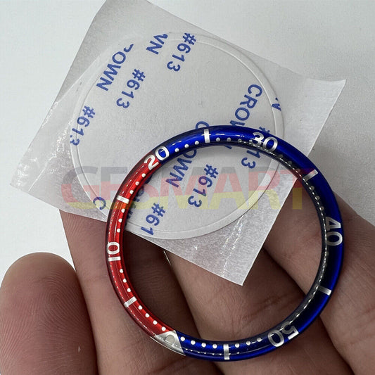 Red and dark blue circular arc bevel aluminium bezel insert for 39mm watch, premium watch accessory.