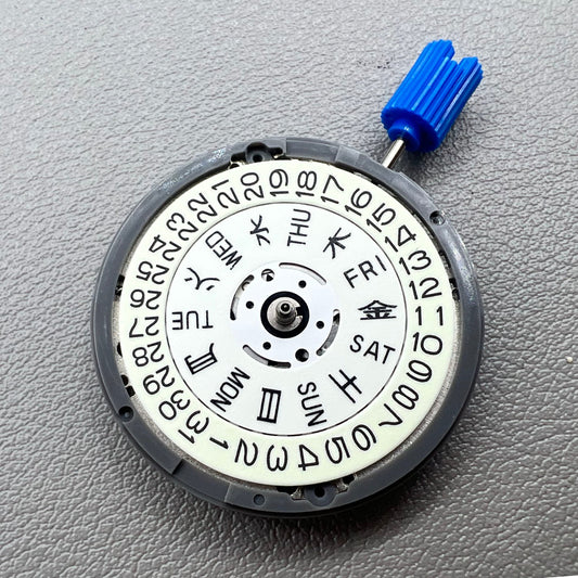 Japan NH36A automatic watch movement with green lume, white dial, and 3.8mm crown position for precision timekeeping.