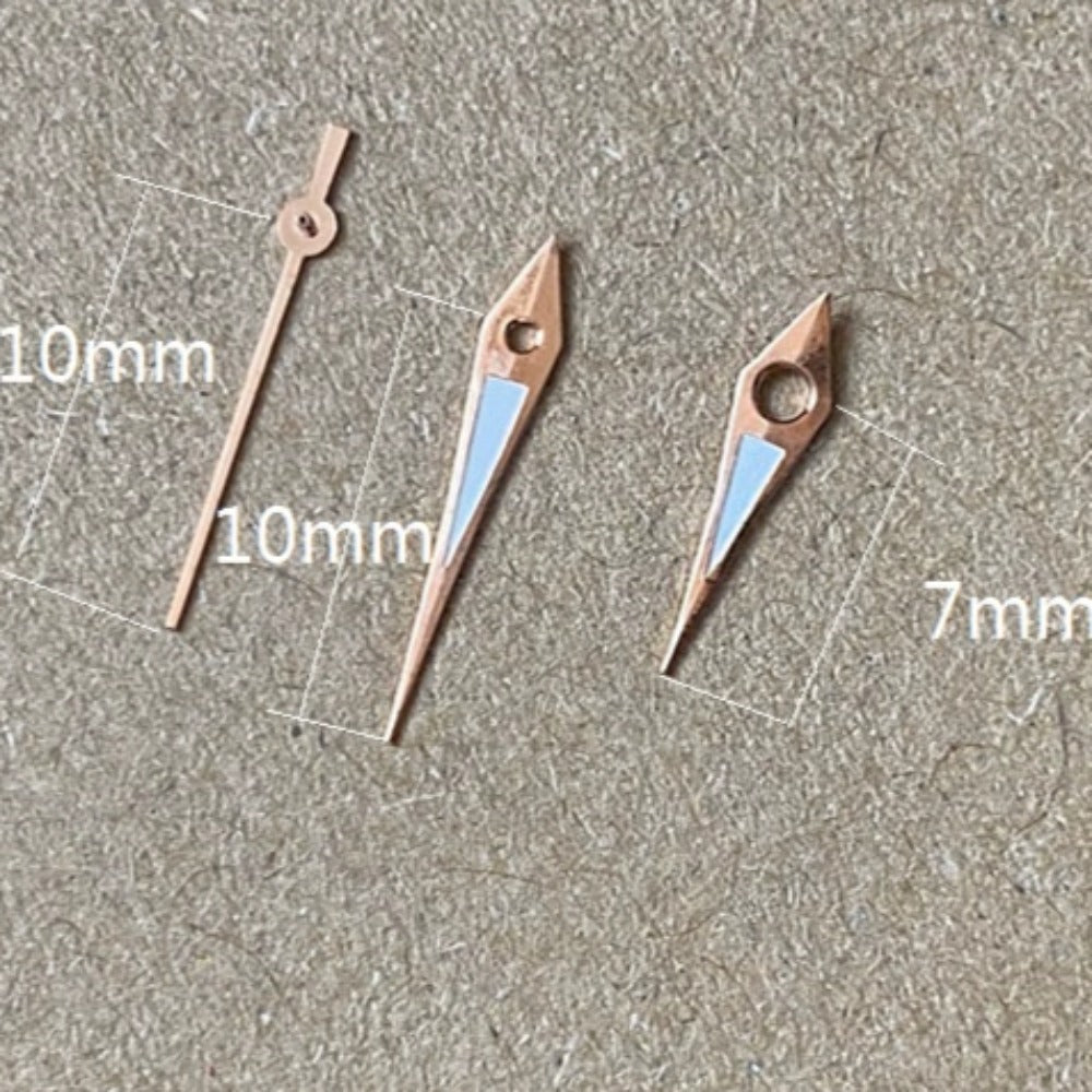 Rose Golden Arrow Lume Watch Hands 10x10x7mm, compatible with Miyota 2035 quartz, stylish trim accents