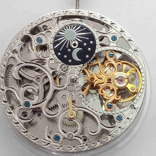 Silver hollow mechanical watch with moonphase at 3 o'clock and large flywheel, China-made craftsmanship.