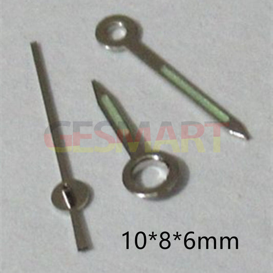 Silver trim green luminous watch hands set compatible with Miyota 2035 2115 2105 2305 movements.