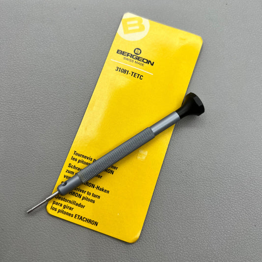 Swiss Bergeon 31081-TETC precision screwdriver for adjusting ETACHRON pitons on watches.