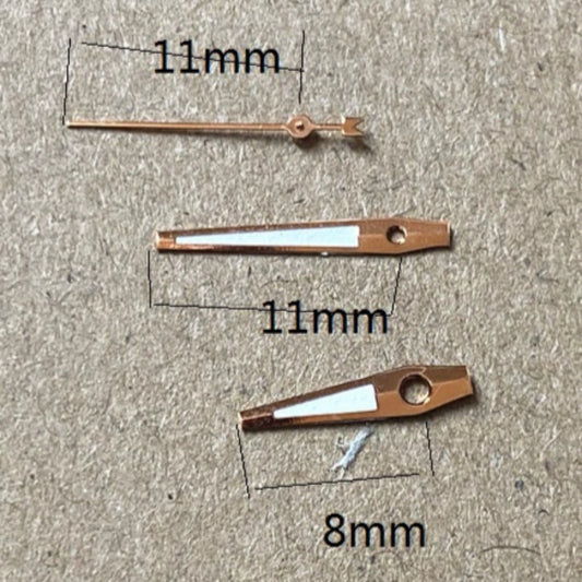 Rose Golden 11x11x8mm luminous watch hands for Miyota 2035 quartz, enhancing visibility and style.
