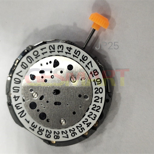 Miyota JP25 quartz watch movement showing date display at 3 o'clock for precise timekeeping.