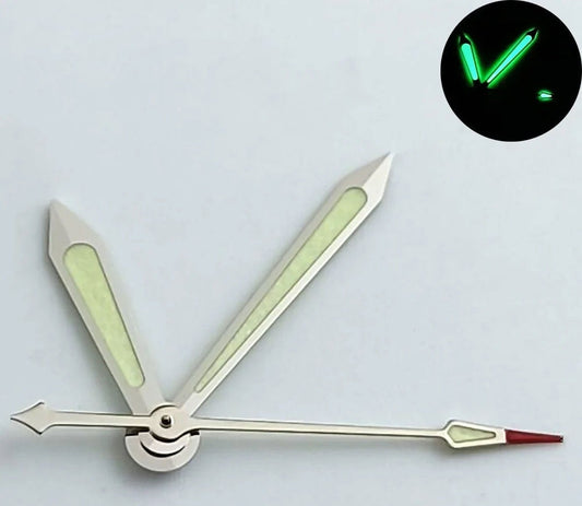 Silver-trimmed green lume watch hands for NH35 NH36 movements, perfect for precise timekeeping.