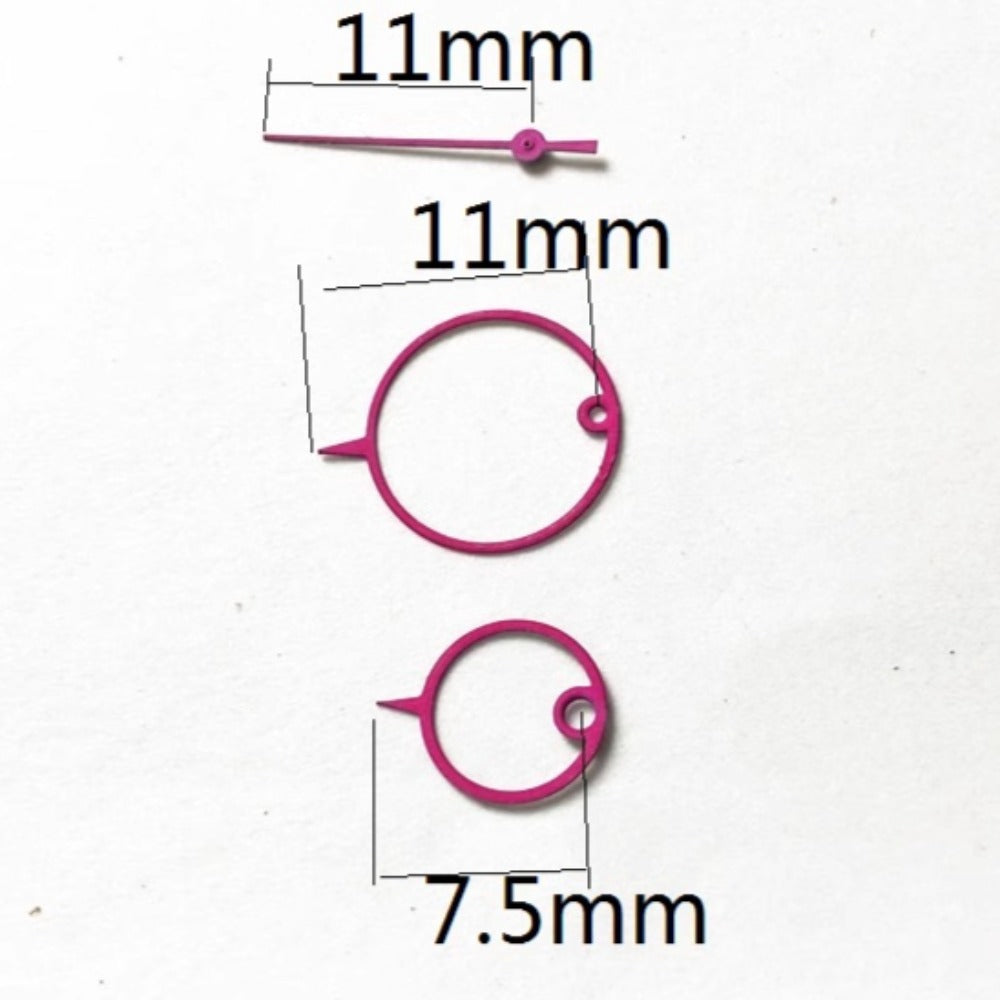 Plum purple hollow ring watch hands, 11x11x7.5mm, for Miyota 2035 quartz movement.