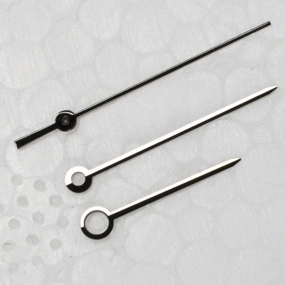 Modified silver long watch hands for ETA2836, 2824, 2892A2 movements, precise fit and sleek design.
