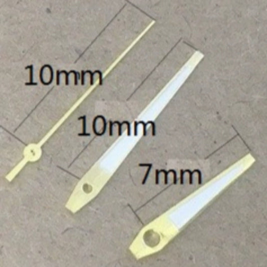 Golden Trim Hollow Lume watch hands 10x10x7mm, compatible with Miyota 2035 quartz movement, enhancing dial visibility.