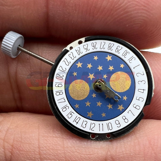 Ronda 788 Quartz watch movement with date at 6, moon phase, Swiss parts for precision.