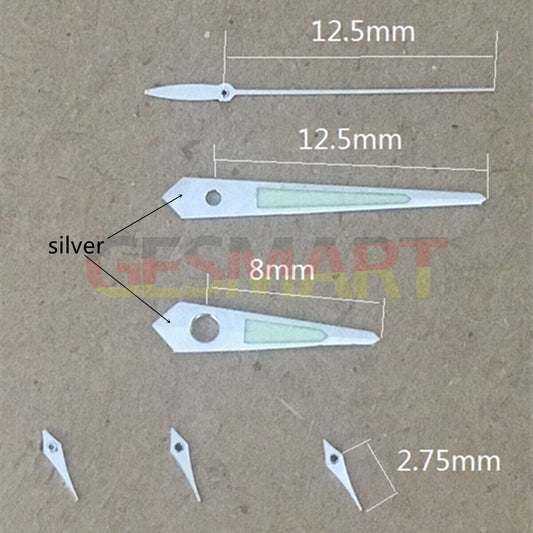 Silver trim 12.5mm green luminous watch hands for Miyota OS series, enhancing visibility in low light.