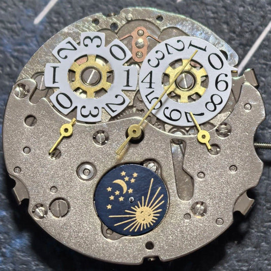 Seagull T16 mechanical watch movement with big date display at 12, multifunctional design.