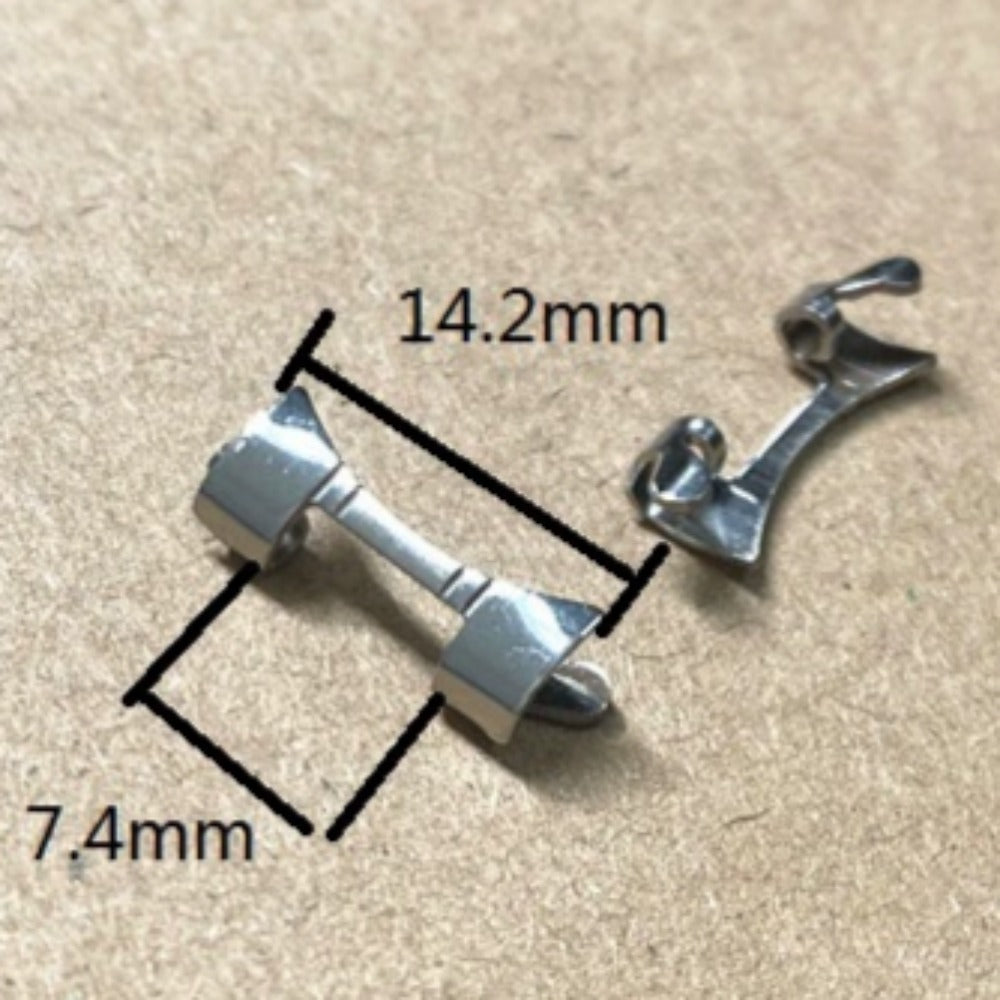 Steel silver curved end links spring bars for watch bracelets, 14.2x7.4mm. Durable strap connectors.