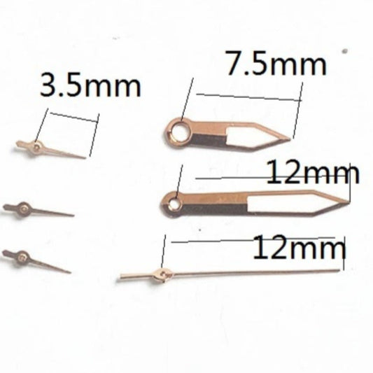 12mm Dark Rose Golden Trim watch hands with green lume, compatible with Miyota JS15, elegant accessory.