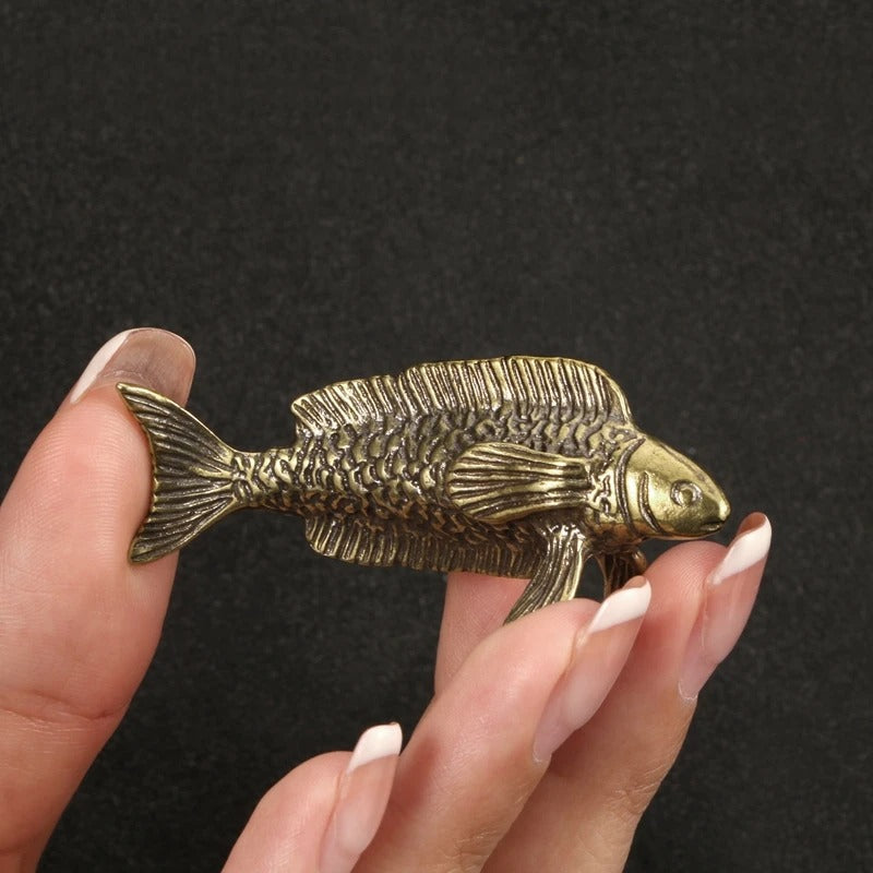 Solid copper Arowana trinket, vintage hand-carved bronze figurine with intricate details.