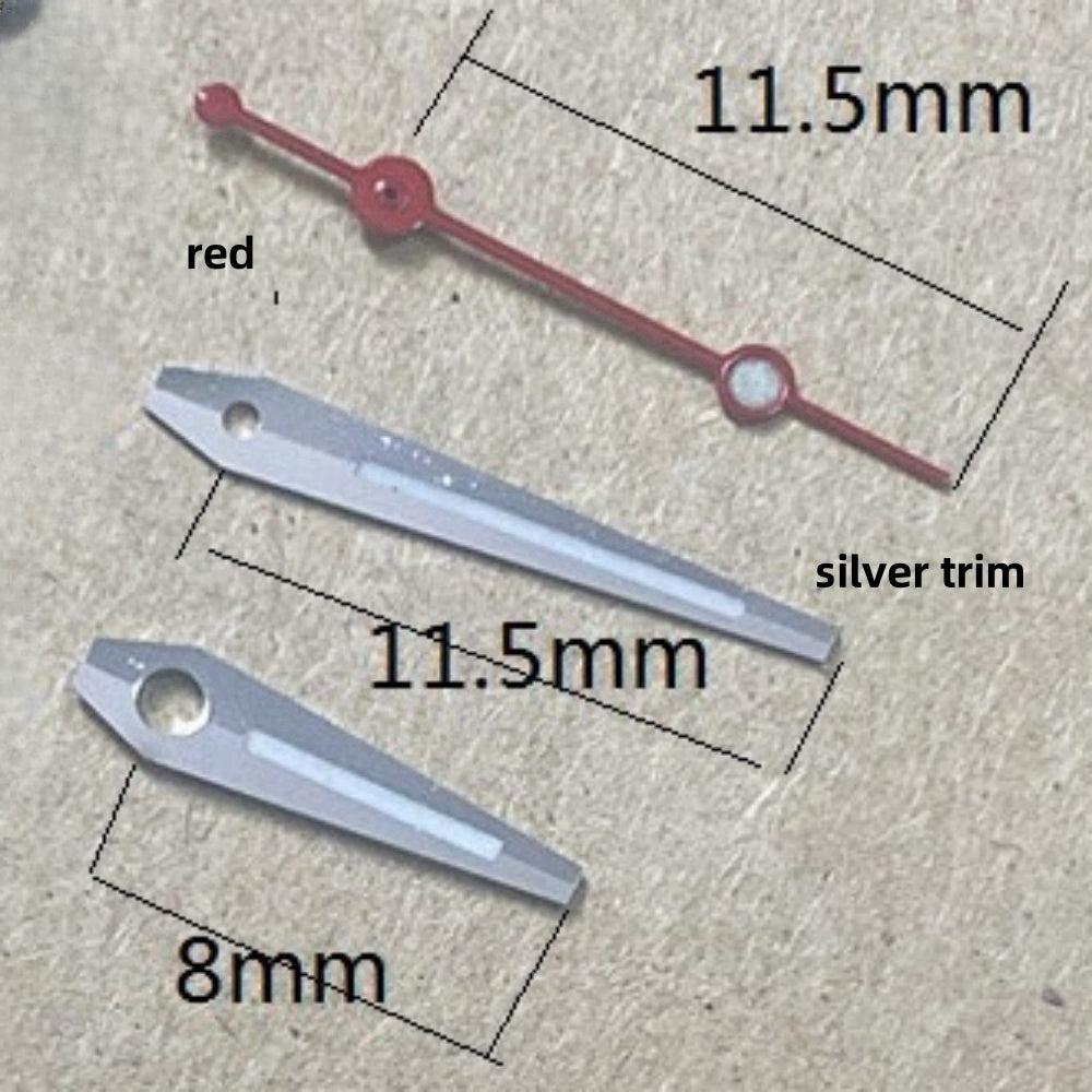 Silver trimmed red second watch hands set, 11.5x11.5x8mm, for Ronda 515 quartz movement