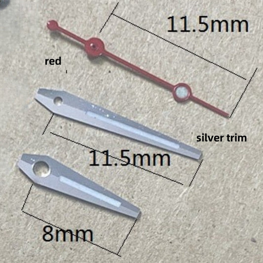Silver trimmed red second watch hands set, 11.5x11.5x8mm, for Ronda 515 quartz movement