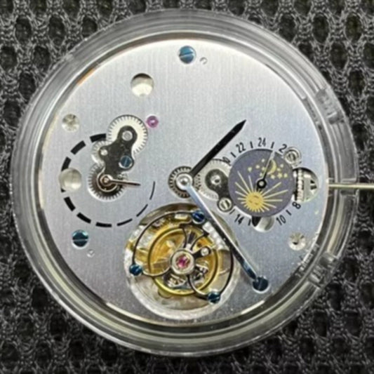 Dandong 5212 watch accessory featuring an automatic mechanical movement with visible flywheel and moonphase display.