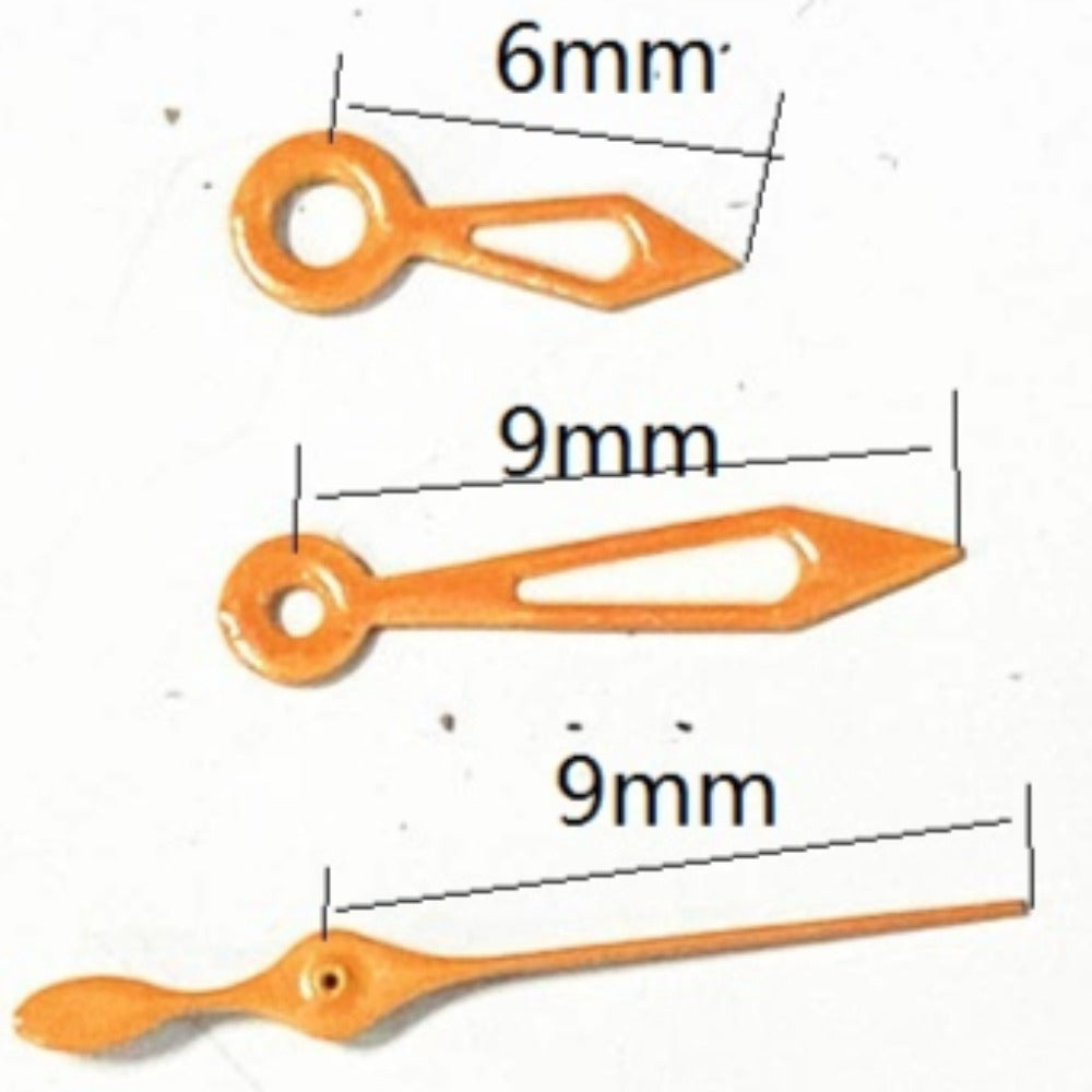 Orange 9x9x6mm watch hands with lume, compatible with Miyota 2035/2115 quartz movements.