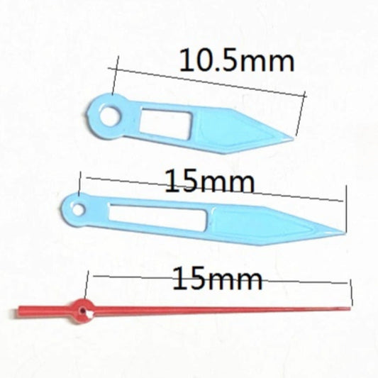 Light blue hollow arrow watch hands, 15mm, for Ronda 515 quartz movement, enhancing watch style.